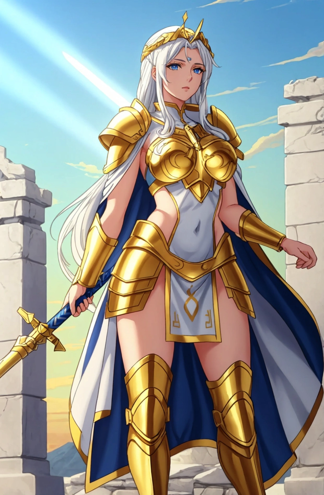 Athena, Greek god, beautiful adult woman, blue eyes, white hair, sky, highly detailed background, perfect masterpiece, high quality, ultra high resolution, golden armor, golden spear, golden shield, divine and radiant glow, mystical.