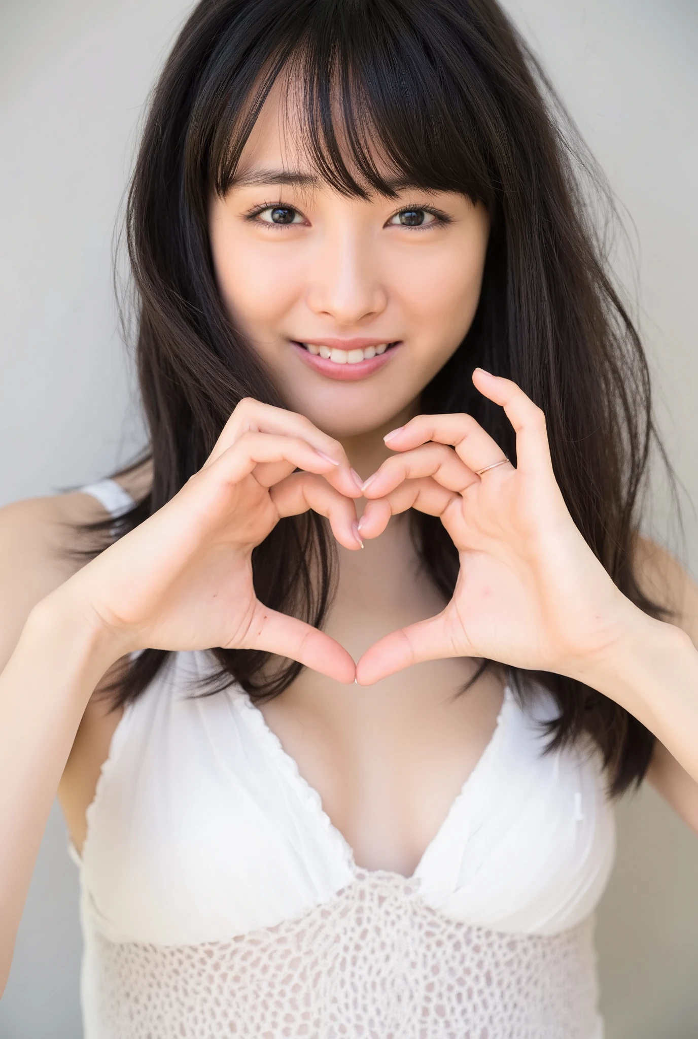 She is in a pose wearing a sexy camisole, making a firm big heart shape with both hands, and holding it in front of her chest, Cute smile up、Monotone background

