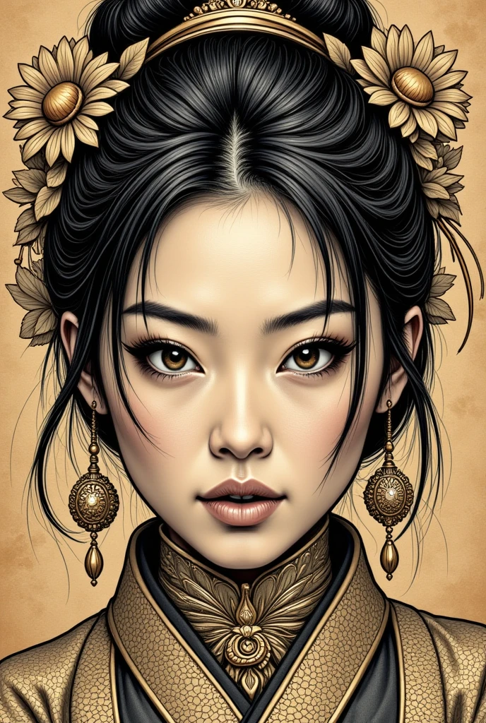 Black and brown drawing of an japanese woman,sly smile from under forehead, on kraft paper, Karl Kopinski, fantasy, highly detailed, Vlop and Krenz Cushart, ornate detailing, Jean-Sebastian Rossbach, James Gene,ink drawing,pen and ink realism,stipple shading,wong-chan-flux