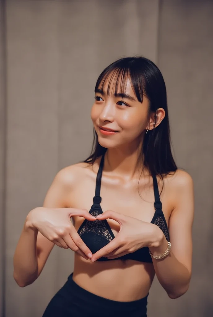 She is in a pose wearing a sexy camisole, making a firm big heart shape with both hands, and holding it in front of her chest, Cute smile up、Monotone background

