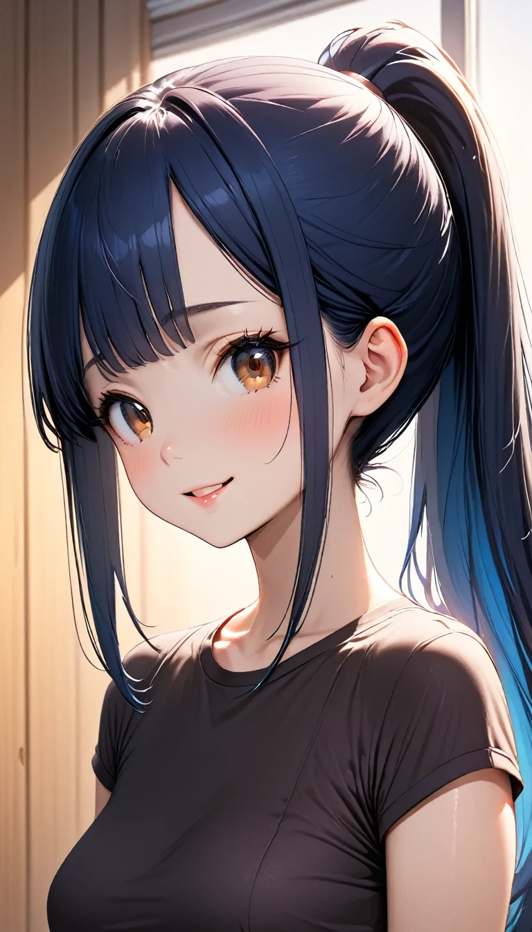 ((masterpiece,Best Quality:1.3,best quality illustrations)),portrait,cowboy shot,1woman,young adult,(ponytail),straight long hair,blue hair,(very small head:1.2),bangs,gorgeous eyes,brown eyes,blush,smile,(very long body),small breasts,(dark blue casual mini dress,  crewneck 、Short sleeve,),slender body,toned body,shiny skin,Simple desk、classroom、Tokyo、