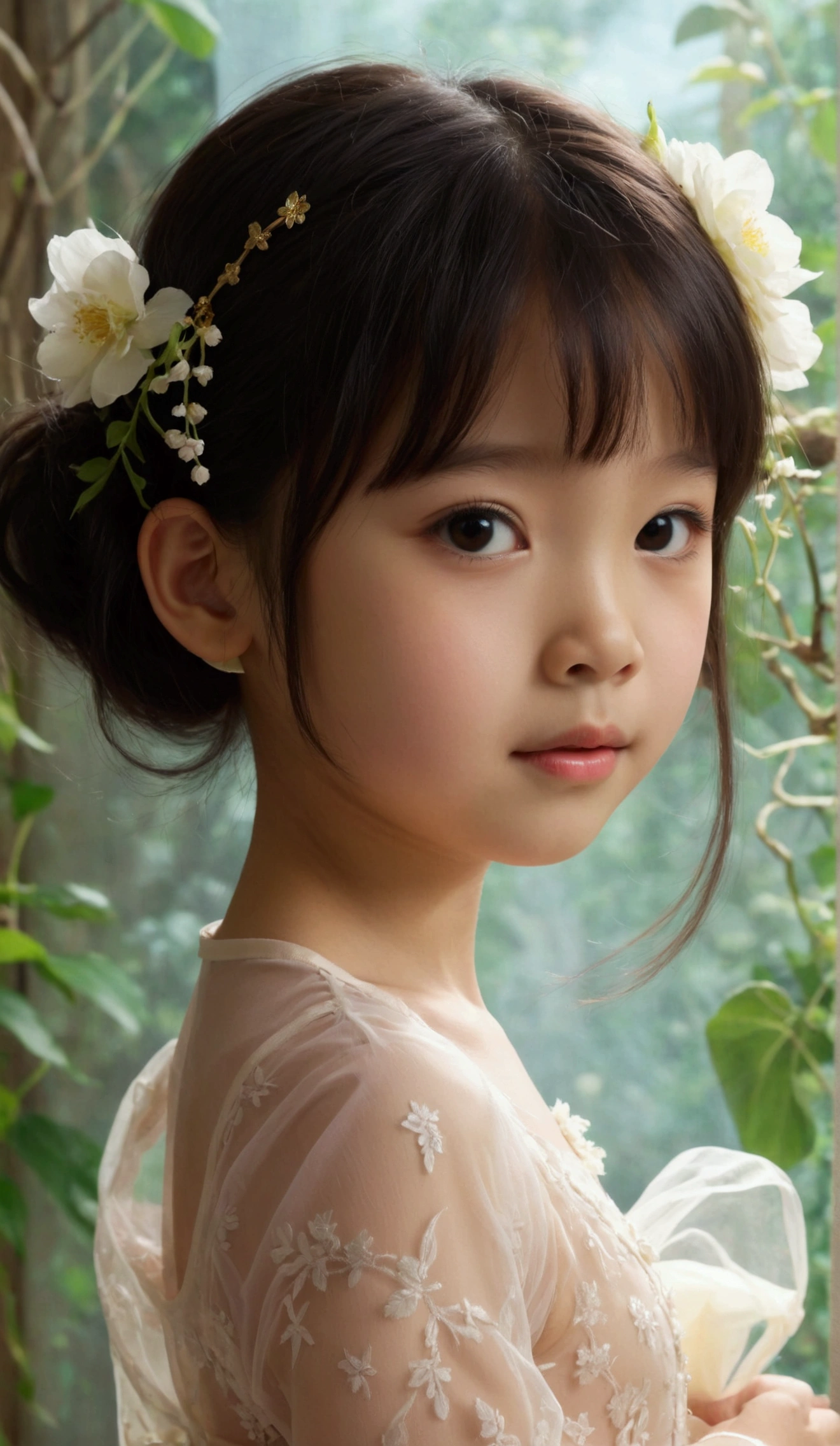 Masterpiece, 8K, most beautiful asian girl in the world, cute girl, age 9, small-budding breast, pale skin, juveniles physique, elementary_school-girls physique, charming girl, One-piece style sheer fabric dress, sheer fabric, translucent clothes, full-body, standing, from the front, act very pretty