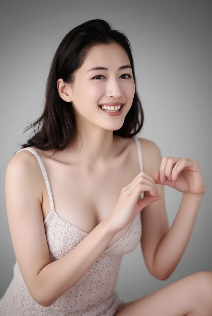 She is in a pose wearing a sexy camisole, making a firm big heart shape with both hands, and holding it in front of her chest, Cute smile up、Monotone background

