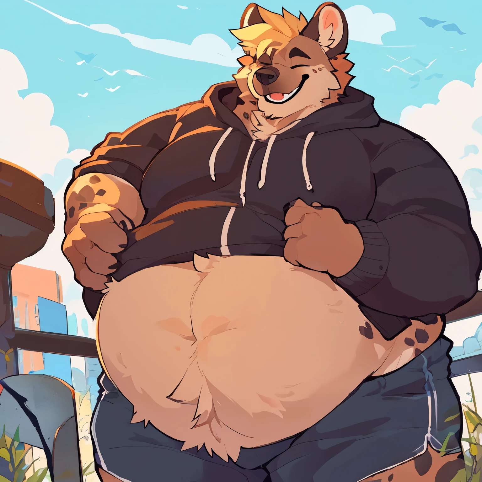 solo, male, 1 boy, fat, obese, rolls, thick thighs, massive thighs, big belly, rounded belly, massive belly, love handles, big pecs, rounded pecs, bulging pecs, massive pecs, big biceps, dad bod, very extremely thick, plump, chubby, hyena, eyes shut, hoodie, shorts, by bigcozyorca, by Takemoto Arash, shading, good proportions, best quality, good quality, no background