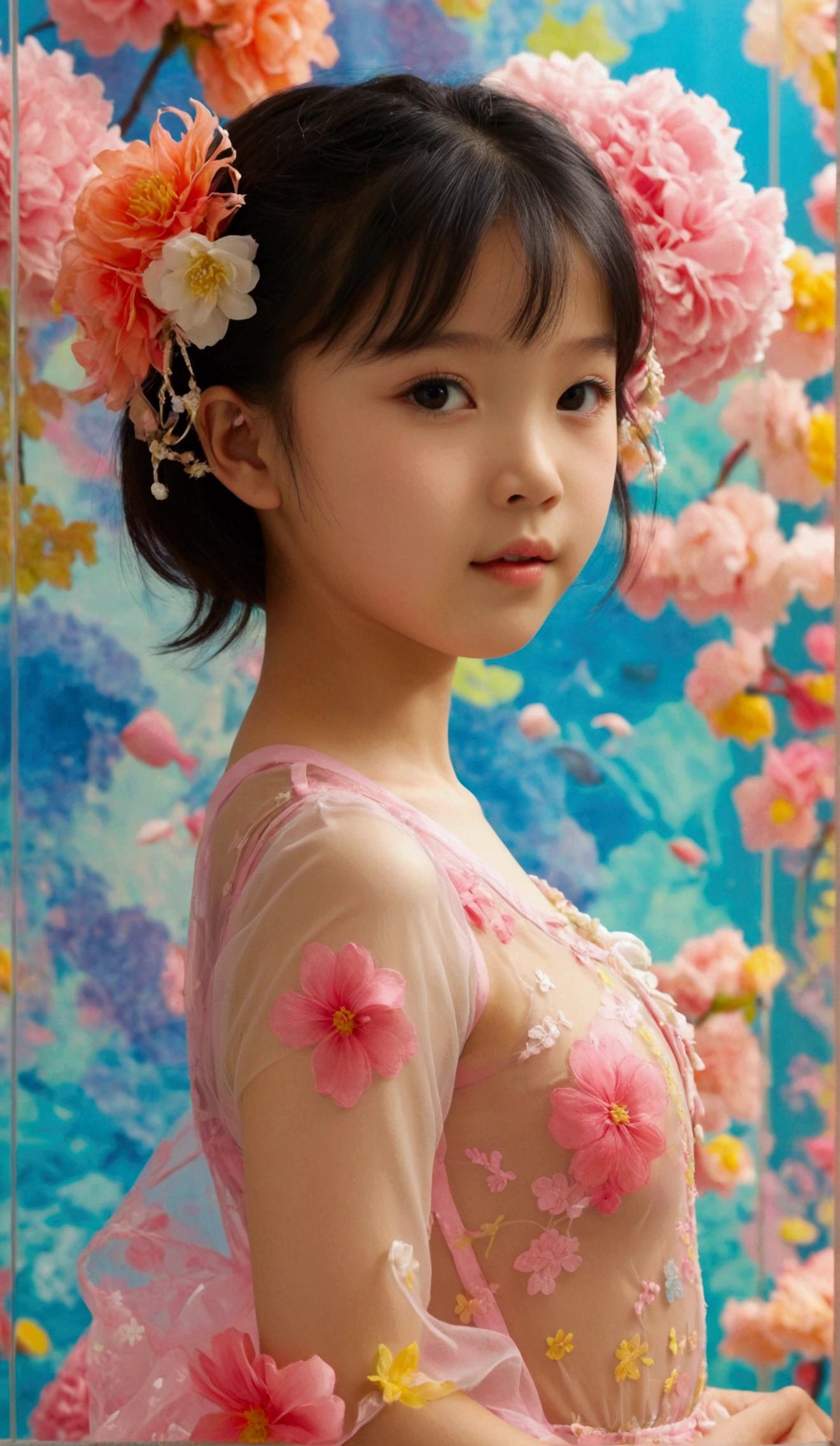 Masterpiece, UHD, 8K, most beautiful asian girl in the world, cute girl, age 9, small-budding breast, pale skin, juveniles physique, elementary_school-girls physique, charming girl, One-piece style sheer fabric dress, sheer fabric, translucent clothes, full-body, standing, from the front, act very pretty