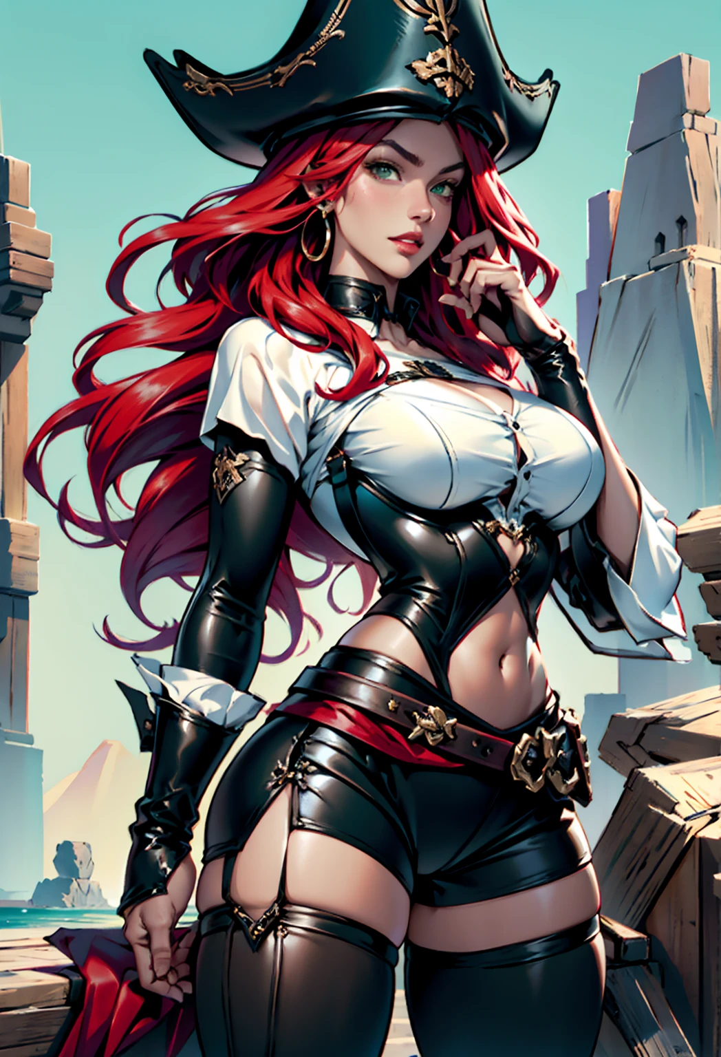 photorealistic, high resolution, 1women, shining skin,, pink lips, Miss Fortune from League of Legends, pirate woman with athletic body,(intimidating posing), pale skin, freckled skin, red hair, wavy hairstyle, green eyes, hourglass figure, muscular body, large breasts,, (Simon Bisley's urban savage style for the cover of Heavy Metal magazine), pirate's hat, perfect hands:1.59, white front lace blouse, long sleeve, loose fit, brown leather corset, brown leather shorts, brown boots, sheathed cutlass sword, flintlock pistol in holster, hoop earrings,, cute face, long hair, pink hair, hat, ((slim girl, large breasts, hyperdetailed lips)), red lips, (thigh highs, shorts, boots, green eyes), navel, midriff, complex detailed background, barren land, rocks, ocean, nature environment, pirate ship,(perfect hands:1.5)