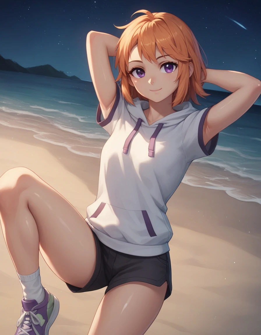 ykharu_AA,yuuki haru, long hair, orange hair, purple eyes, white hoodie, gray shorts, hood, sneakers, socks, short sleeves, high quality, shiny skin, solo, night sky, beach, arms behind head, {contrapposto}, closed mouth, spread armpits, cowboy shot, looking at viewer, smile, best quality,
