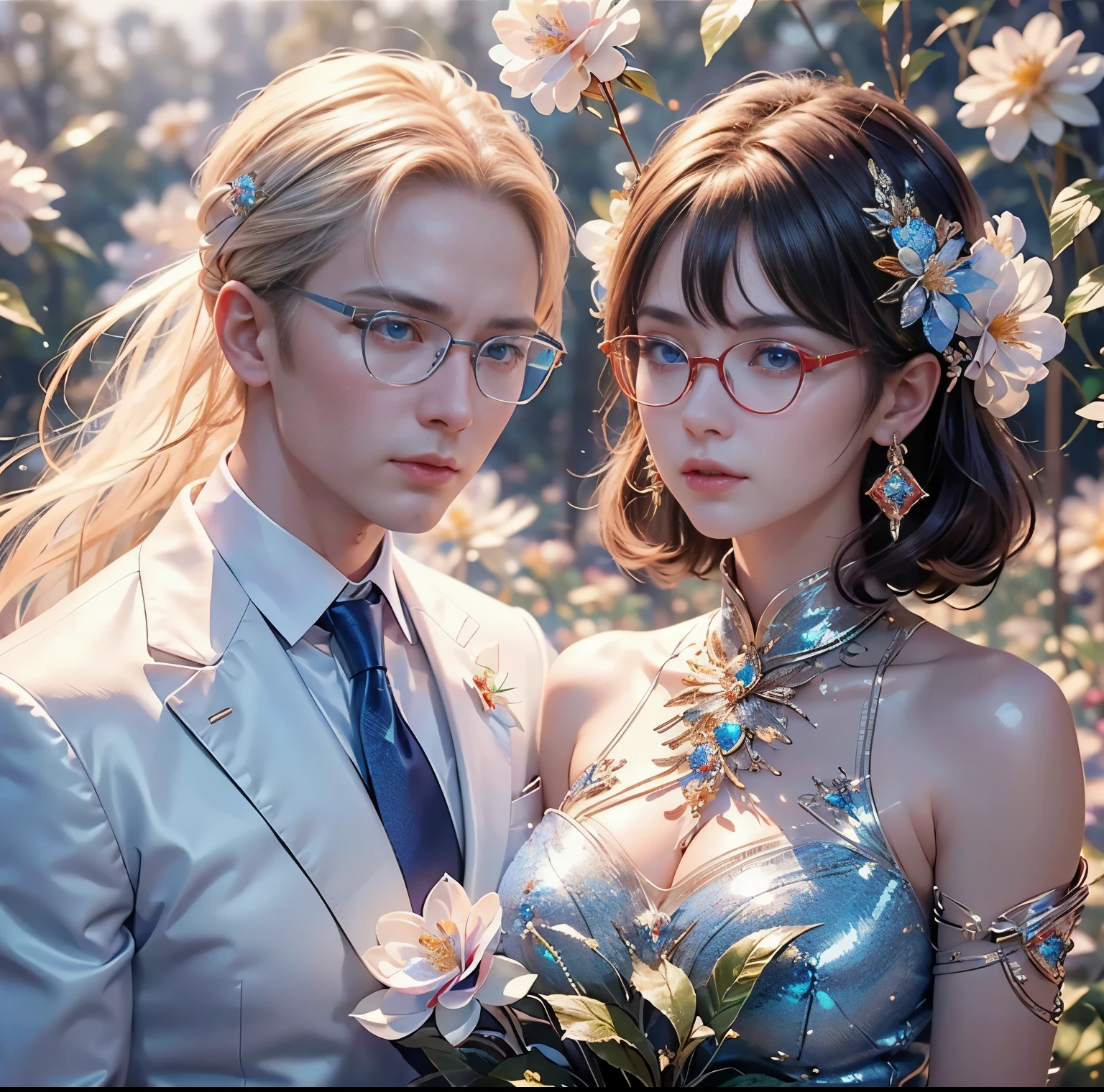 8K quality, Masterpiece, (Dazzling and fantastic lighting),  super real , High chroma, Man and woman wearing glasses , Whitening skin, brunette with bangs , (Big, bright blue eyes), (Crimson ribbon tie:1.2), Above chest, Three Piece, ( are squinting dazzlingly in the flower garden:1.2), (Thick glasses), 