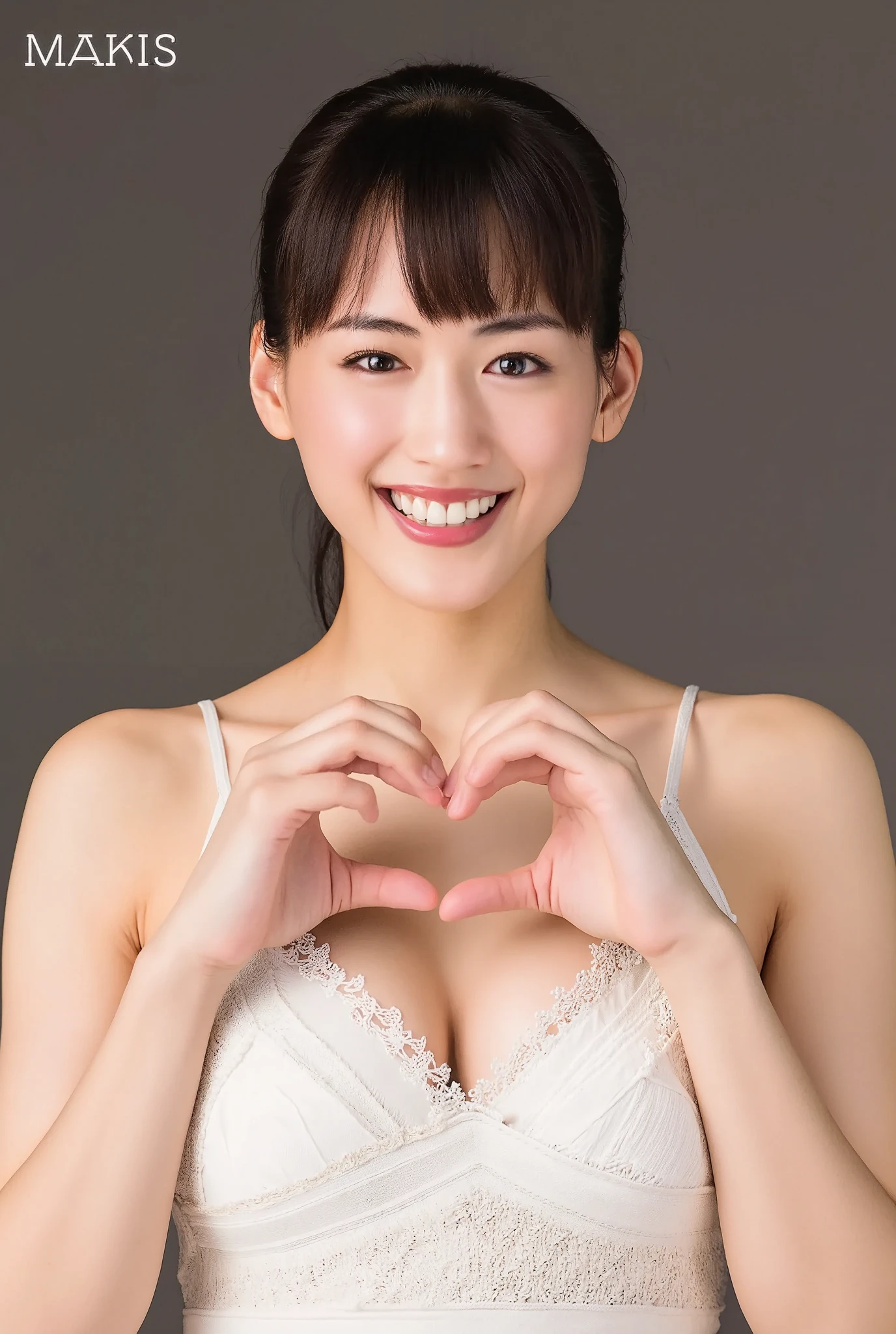 She is in a pose wearing a sexy camisole, making a firm big heart shape with both hands, and holding it in front of her chest, Cute smile up、Monotone background

