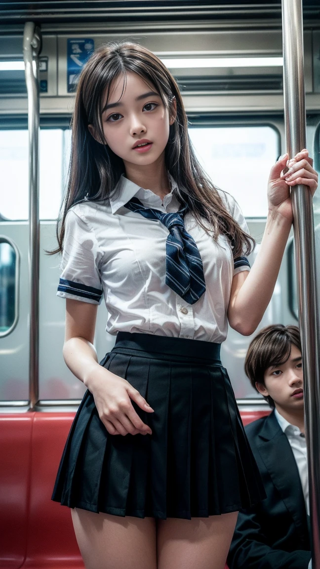 masterpiece, Highest quality, 8k, Young and beautiful girl, 、The clothes are big、photo shoot, cute face, Thighs, (((Many males、Crowded train、in the train、Surrounded by men、be impressed、Crazy behavior))) (((Embarrassing)))、Embarrassing、No makeup, 10 generations, Detailed face, Background Blur、Tight waist、((((School uniforms、White shirt、Checked mini skirt、Lift up your skirt、Showing pussy、Show me your pussy)))), short hair、Light brown hair、((Please lift up your skirt while enduring the pain..))、Bright classroom、Thighs、Spread your legs、short hair、(Droopy eyes、Round face、cute)、((Many Hands、Please touch my whole body))、(Please be molested by many men、I&#39;I was molested from behind)、genital、(Touching the body、Chest rubbed、Having your groin touched、Many Handsに、Touching pussy)、(((male hugging each other、Many malesが後ろから抱きしめている、male, Please pet the girls.&#39; chest))) Naked