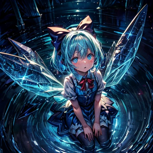 sparkle, star \(symbol\), bioluminescence, blue glow, cyan glow, green glow, red glow, monster girl, monster girl encyclopedia, ,glowneon, glowing, cirno, blue_hair, blue eyes, hair_bow, blue_dress, short_sleeves, ice_wings, red_bowtie, glowify, shallow water, reflective water, wariza, arms between legs, from above, look up, look away, cry, darkness, glowing eyes, tears, vain, 