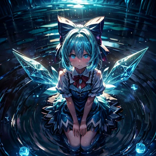 sparkle, star \(symbol\), bioluminescence, blue glow, cyan glow, green glow, red glow, monster girl, monster girl encyclopedia, ,glowneon, glowing, cirno, blue_hair, blue eyes, hair_bow, blue_dress, short_sleeves, ice_wings, red_bowtie, glowify, shallow water, reflective water, wariza, arms between legs, from above, look up, look away, cry, darkness, glowing eyes, tears, vain, 