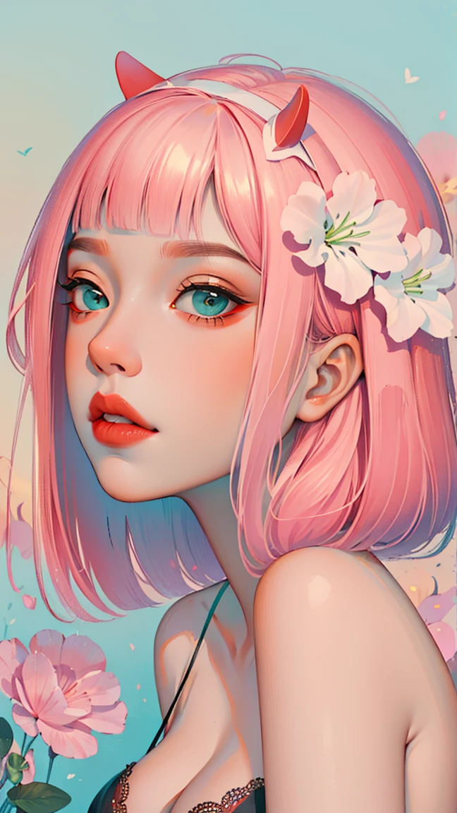 Convert your flower art into illustration.、Create backgrounds with vibrant colors and unique touches　The type of flower is statice、Gypsophila、sweet pea、Mix in some lace flowers, portrait, face portrait, big breasts, cleavage, pink hair, aqua eyes, ((zero two)), 