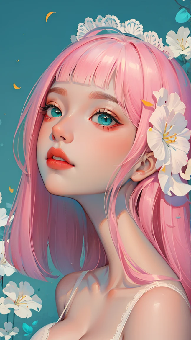 Convert your flower art into illustration.、Create backgrounds with vibrant colors and unique touches　The type of flower is statice、Gypsophila、sweet pea、Mix in some lace flowers, portrait, face portrait, big breasts, cleavage, pink hair, aqua eyes, ((zero two)), 