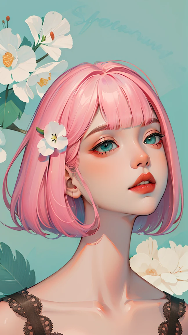 Convert your flower art into illustration.、Create backgrounds with vibrant colors and unique touches　The type of flower is statice、Gypsophila、sweet pea、Mix in some lace flowers, portrait, face portrait, big breasts, cleavage, pink hair, aqua eyes, ((zero two)), 