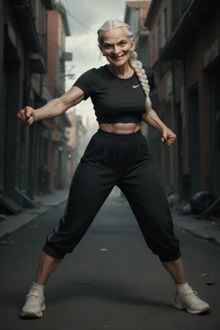  ((Full body shot)), Old woman with many wrinkles on her face, macabre smile, terror. Very tall old woman ,  very thin ,  white hair ,  black sportswear full body,  throwing a tall kick , powerful.  White hair with a thick braid . 