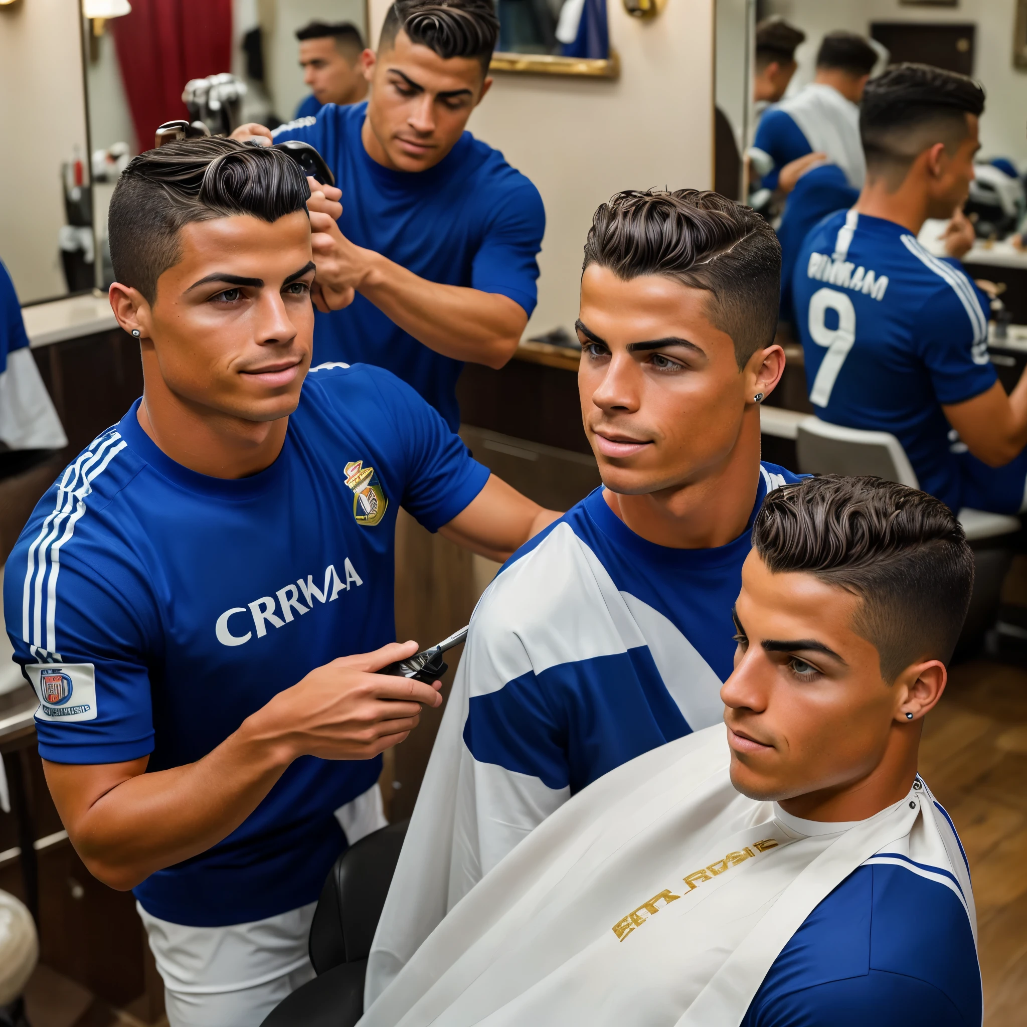 "Generate a hyper realistic image of cristiano ronaldo wearing his team football jersey, skiffuly cutting a customer's hair in a classic, vintage style barbershop. The scene should capture fine details like the barber tools in his hands. The expression on both Ronaldo and the customer faces, and the cozy ambiance of the barbershop with mirrors, chairs and decor in background. "