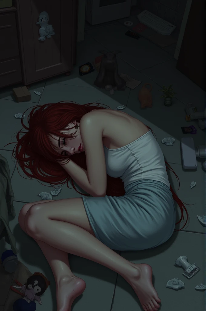 Woman searching something under the bed. In the style of Adrian Ghenie, Esao Andrews, Jenny Saville, Edward Hopper, surrealism, Dark Art par James Jean. Tim Burton. Inspired by Sewerslvt. Esthetic 90s anime.