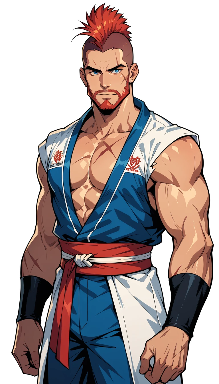 Zangief maintains his muscular and imposing figure, with a height and build that stands out among the other lieutenants. He wears the haori of the Sixth Division, open to reveal his robust chest and abdomen, covered in scars from past battles. His mohawk hair and thick beard give him a fierce air. On his arms are traditional red bands that resemble his fighting uniform, and he wears a sash tied around his arm with the division symbol, 8k high definition