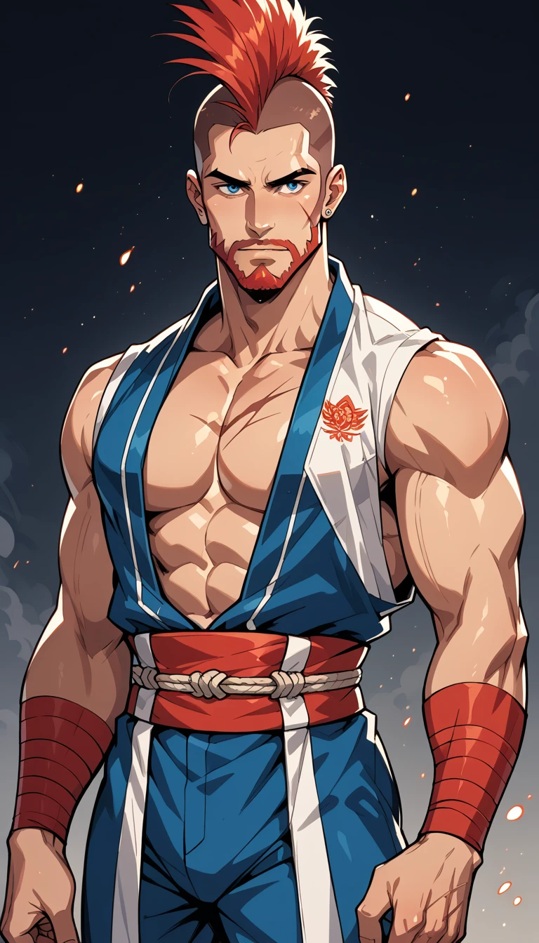 Zangief maintains his muscular and imposing figure, with a height and build that stands out among the other lieutenants. He wears the haori of the Sixth Division, open to reveal his robust chest and abdomen, covered in scars from past battles. His mohawk hair and thick beard give him a fierce air. On his arms are traditional red bands that resemble his fighting uniform, and he wears a sash tied around his arm with the division symbol, 8k high definition