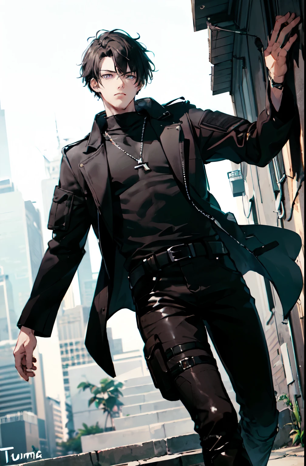 ultra detailed, masterpiece, best quality, aesthetic, detailed,, Alone, 1 boy, light blue eyes, (Tsurime:1.2),  fringe to the left side ,  black hair , medium hair, straight hair,  shoulder length hair,  Male Focus , mostly black, black shirt, black pants , belt,,  black tactical boots  ,  all-black clothes  ,, black coat , Black and purple theme 