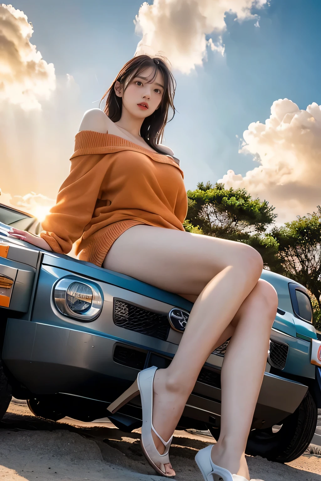 8K, (NSFW:1.3), aerial photography, photorealistic, full shot, (view from above:1.3), Japanese pornstar sleeping on top of taxi car at night, wearing red boots, (sleeping on her back:1.3), (on top of taxi car:1.3), (wavy long hair with bang:1.3), (very beautiful face:1.3), perfect alluring face, 25 y o, nudist, sexy lips, cute smile, seductive expression, flirty eyes, perfect alluring eyes, (skinny body:1.3), (pale white skin1.1), (very smooth skin:1.4), (very big breast:1.5), (wearing (red boots:1.3)), showing her big breast, (six-pack abs:1.3), (skinny legs:1.3), spreading legs, showing vagina, (very dense pubic hair:1.8), (very hairy vagina:1.8), (loose vagina:0.4), (very wide open vagina hole:1.6), perfect female body anatomy, (perfect vagina shape:1.3), female with the most dense pubic hair, perfect slut pussy, (dynamic pose:1.3), (background (taxi car at night:1.3)), torn magazine style, award winning aerial photography, sharp focus, cinematic lighting, highly detailed, best quality, masterpiece