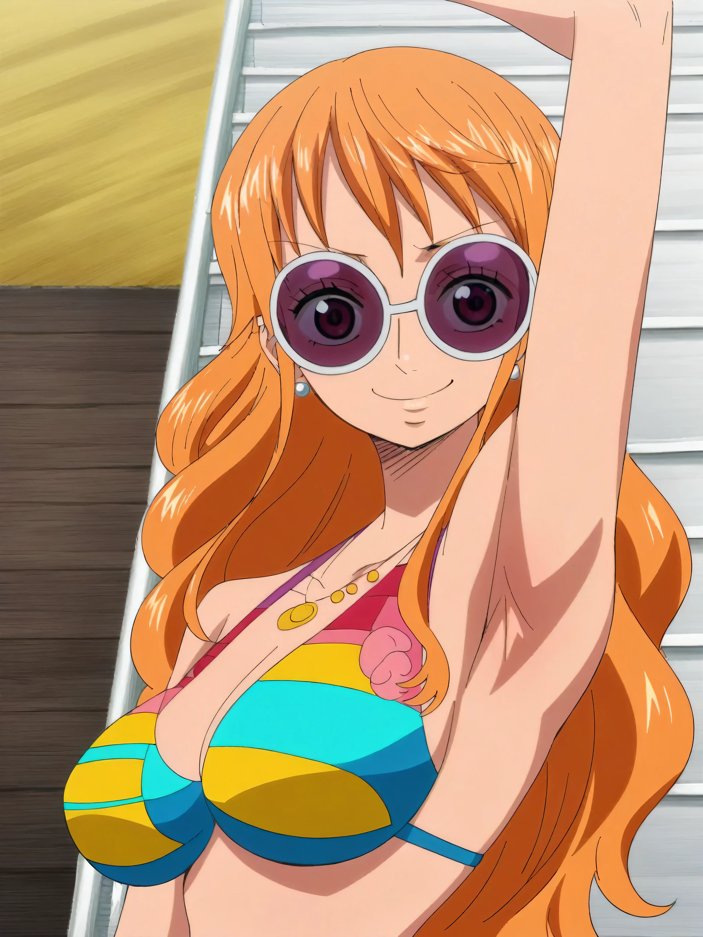 score_9, score_8_up, score_7_up, source_anime, anime screencap, 1girl, solo, nami_z, long hair, orange hair, bikini, sunglasses, bellybutton, arm up, raised arm, armpit, looking at viewer, smile, smug closed mouth, outdoors, day, beach, lying on towel, from side, from above, badhandv4