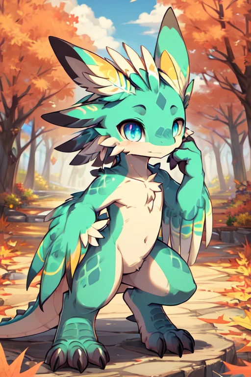 masterpiece, ((beautiful eyes)), dragon, ((colorfu feathers)), male, toddler, solo, nude, furry, fall