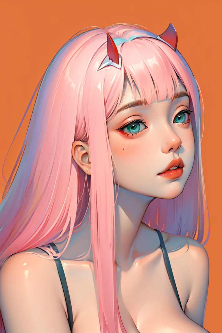 One girl、((Zero Two)), Darling in the Franxx, Excellent anatomy, masterpiece, Highest quality,Realistic, hyperRealistic, 16k hdr,NSFW、Long neon green Hair、Straight Hair、bangs、high school girl、Slender、Slender body、asian high school girl, huge breasts, cleavage, Lewd, horny, (((sexual gaze))), huge breasts, cleavage, (((sexy pose))), luminescence, pink hair, aqua eyes, ulzzang, portrait, (anime), manga, sexy, submissive, ((seductive)), ((heavy blushing)), shy, tease, 8ｋ, Highest quality, masterpiece, Sharp focus, (shiny skin), ((naughty girl)), ((orange background)),
