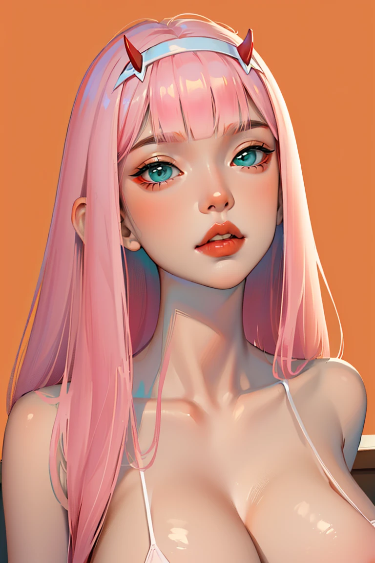 One girl、((Zero Two)), Darling in the Franxx, Excellent anatomy, masterpiece, Highest quality,Realistic, hyperRealistic, 16k hdr,NSFW、Long neon green Hair、Straight Hair、bangs、high school girl、Slender、Slender body、asian high school girl, huge breasts, cleavage, Lewd, horny, (((sexual gaze))), huge breasts, cleavage, (((sexy pose))), luminescence, pink hair, aqua eyes, ulzzang, portrait, (anime), manga, sexy, submissive, ((seductive)), ((heavy blushing)), shy, tease, 8ｋ, Highest quality, masterpiece, Sharp focus, (shiny skin), ((naughty girl)), ((orange background)),
