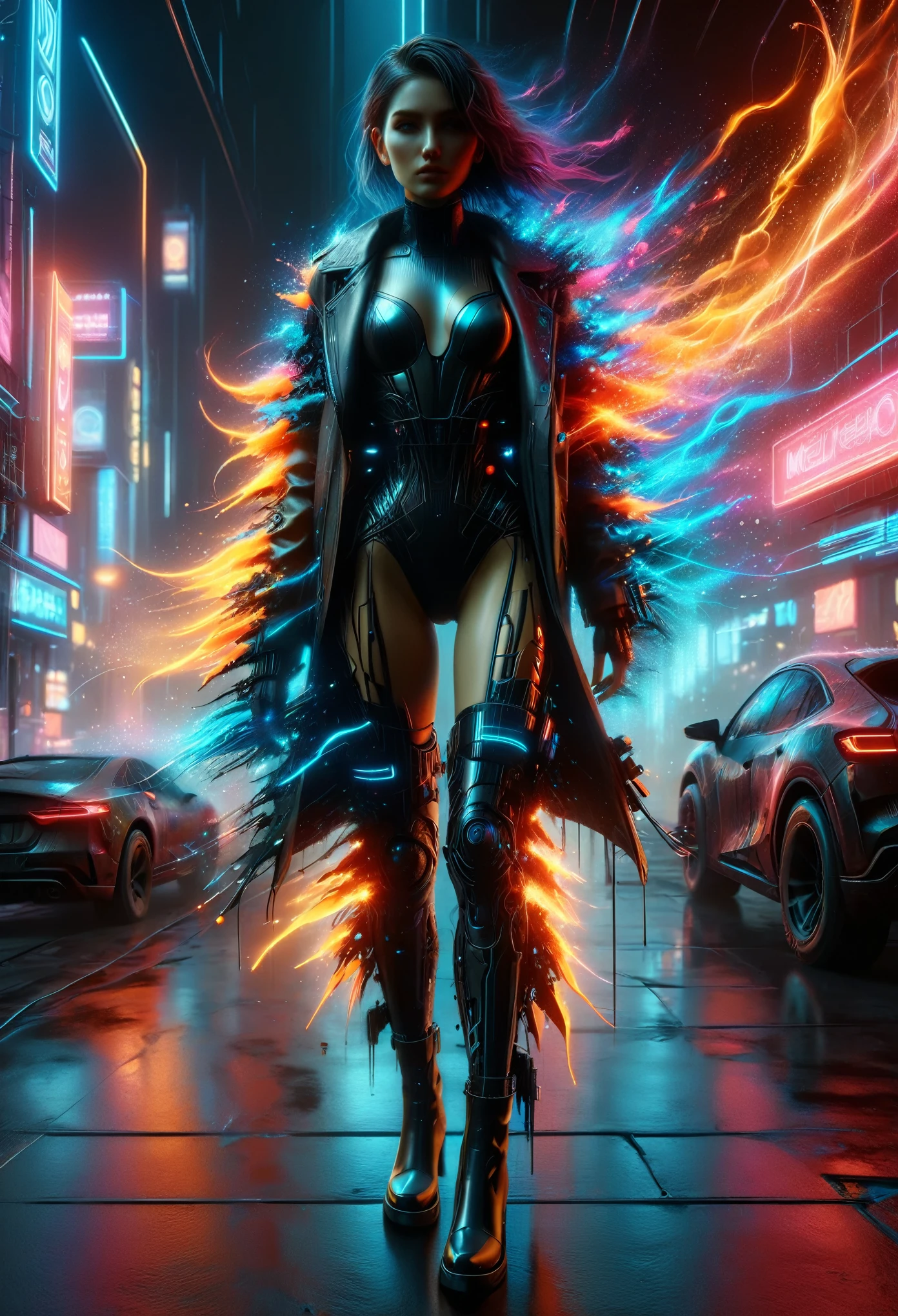 beautiful woman, cybernetic body, magma neon glow, magma splash, futuristic, Cinefilme , best quality, 4K, 8k, highres , masterpiece:1.2, ultradetailed, realistic, photorealistic , photorealistic :1.37, HDR, Ultra HD, studio lighting , ultrafine painting, sharp focus, physically based rendering, extreme detailed description , professional, vivid colors , bokeh effect, kinematic lighting , dramatic, dynamic composition , shining, cast, ardent, apocalyptic, Dystopian, vibrant, neon, cyberpunk, science fiction