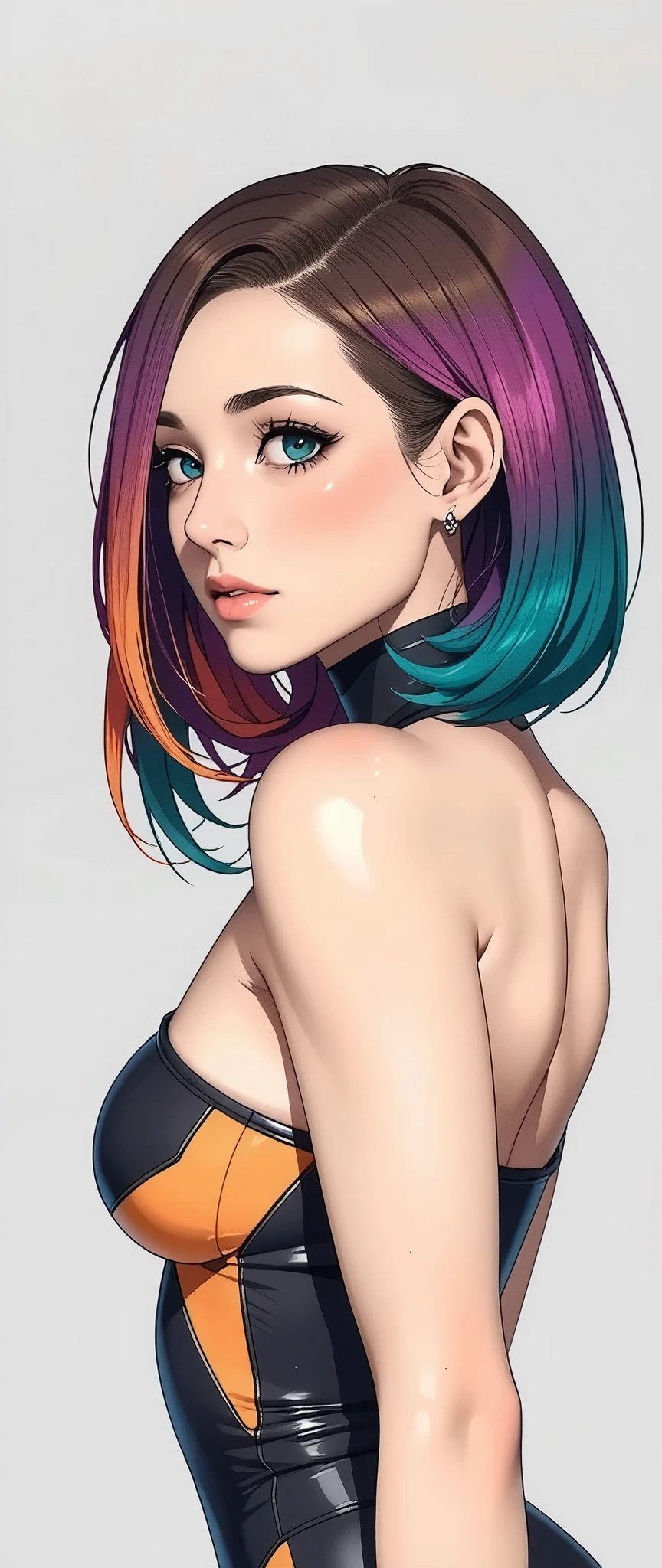 Beautiful android woman with semi-realistic purple and green and orange hair , flat color ,Beautiful android woman with gray and white and camel thick strips of fluorine paint ,Fluorine paint splashes , cyberpunk, Anime Artwork 