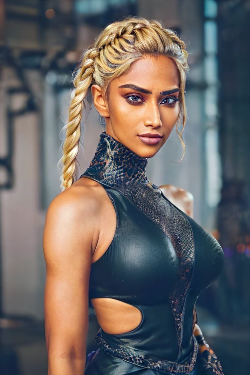 (photo of a gorgeous woman), (professional photography), (cyberpunk  background), ((as a cyberpunk fighter)), (medium body portrait), ((fishtail braided hair, blonde hair)), masterpiece, best quality, (eye contact), (looking at the viewer), centred, (shot from front), blurred_background, proportional