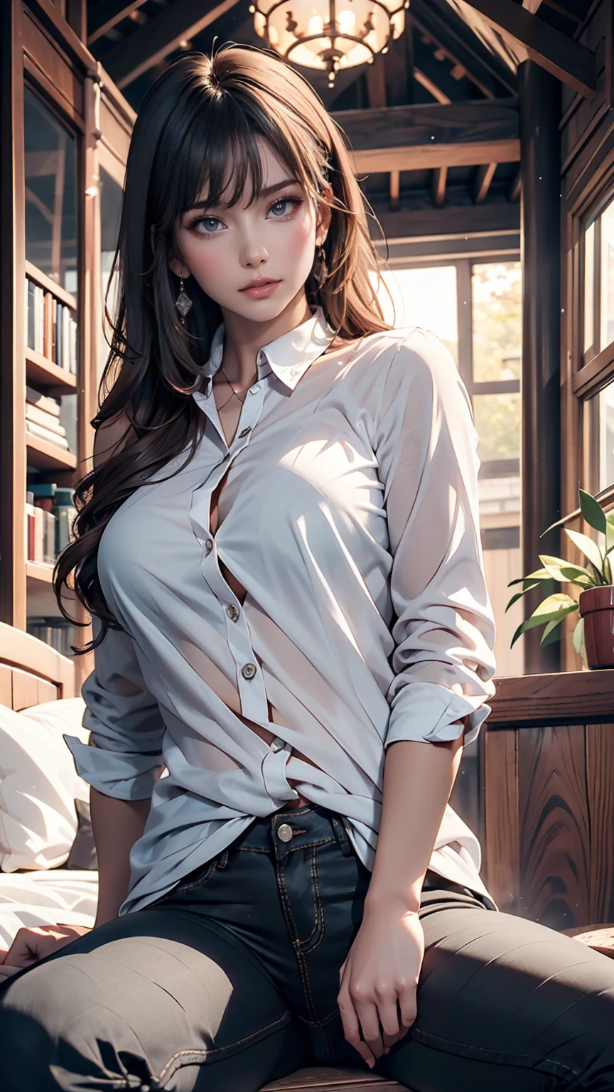 beautiful, masterpiece, Best Quality,  very detailed face,  perfect lighting,  1 girl, Alone,  Giovanna MS,  cowboy shot,  white shirt ,  black pants ,  at dawn,  spread his legs