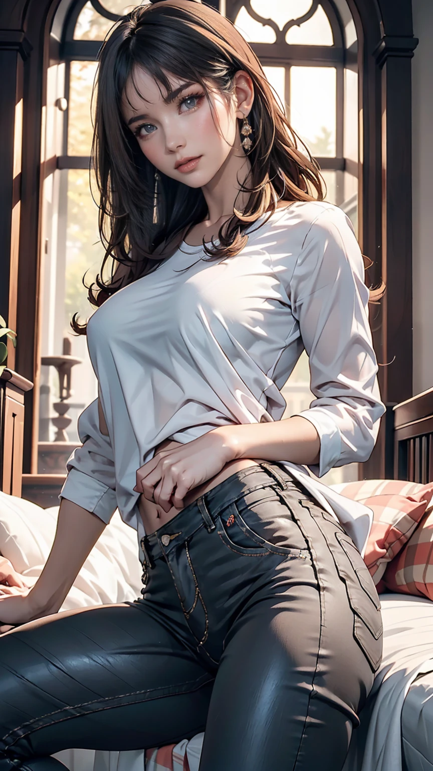 beautiful, masterpiece, Best Quality,  very detailed face,  perfect lighting,  1 girl, Alone,  Giovanna MS,  cowboy shot,  white shirt ,  black pants ,  at dawn,  spread his legs