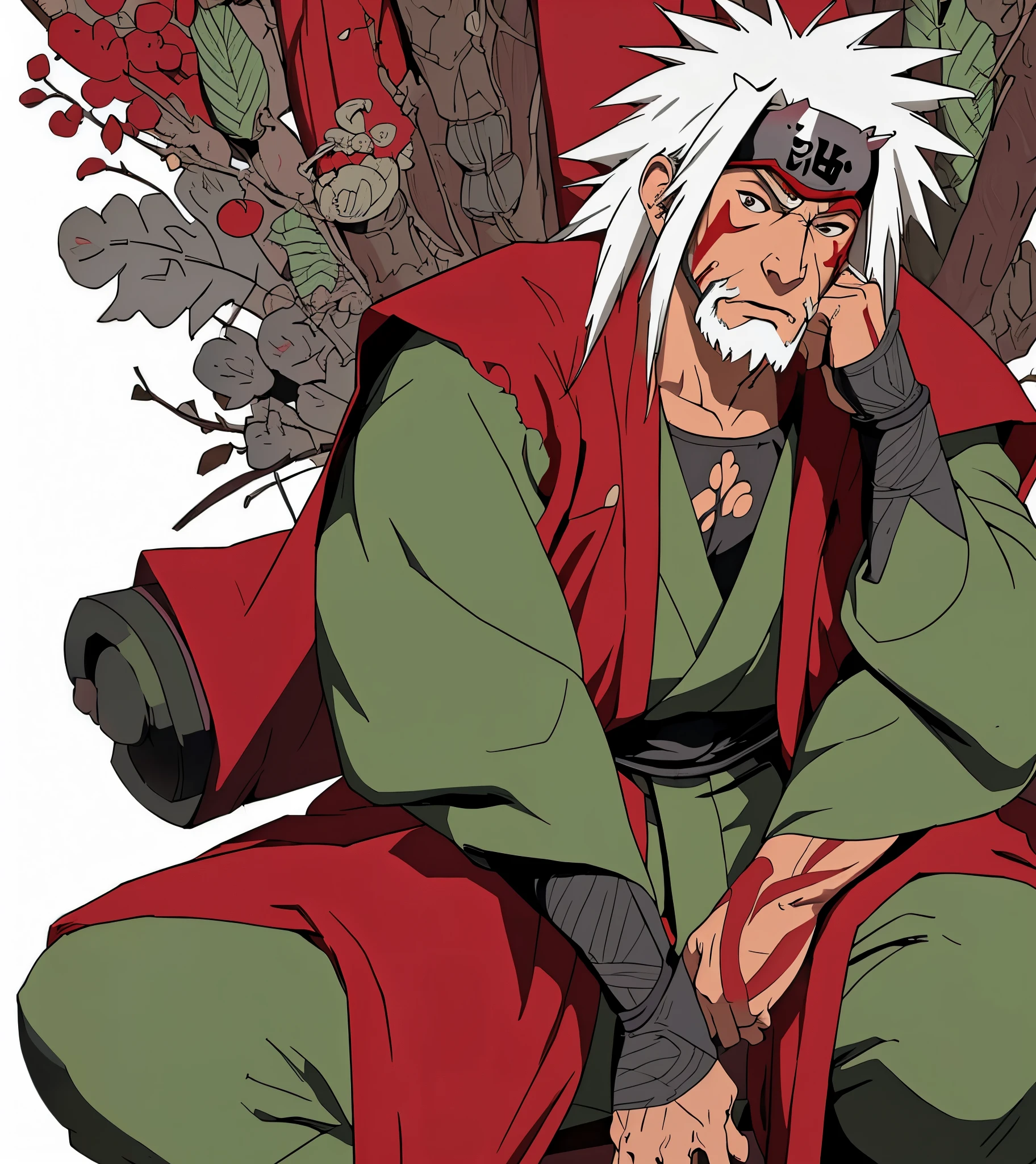 masterpiece, high quality 8k, (((old faced))) male ninja, ((sitting on very big ninja toad)), white beard, white spiky very long hair, red lines on face, sage markings, traditional Japanese clothing, detailed face, serious expression, ninja scroll, toad sage, torn red long ninja coat, background is a battleground