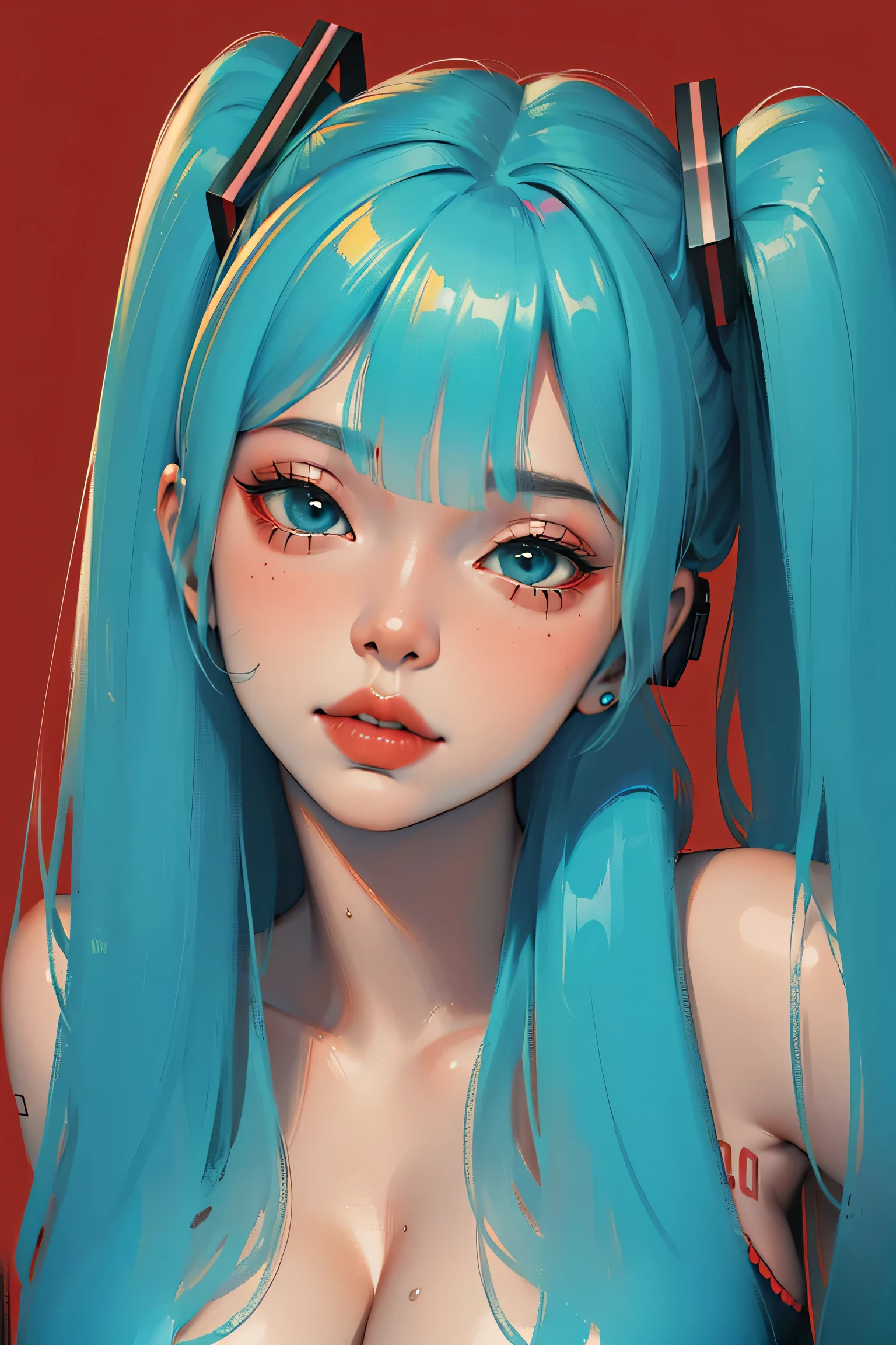 One girl、((Hatsune Miku)), Vocaloid, Excellent anatomy, masterpiece, Highest quality,Realistic, hyperRealistic, 16k hdr,NSFW、Long neon green Hair、Straight Hair、bangs、high school girl、Slender、Slender body、asian high school girl, huge breasts, cleavage, Lewd, horny, (((sexual gaze))), huge breasts, cleavage, (((sexy pose))), luminescence, blue hair, blue eyes, ulzzang, portrait, (anime), manga, sexy, submissive, ((seductive)), ((heavy blushing)), shy, tease, 8ｋ, Highest quality, masterpiece, Sharp focus, (shiny skin), ((naughty girl)), ((red background)),
