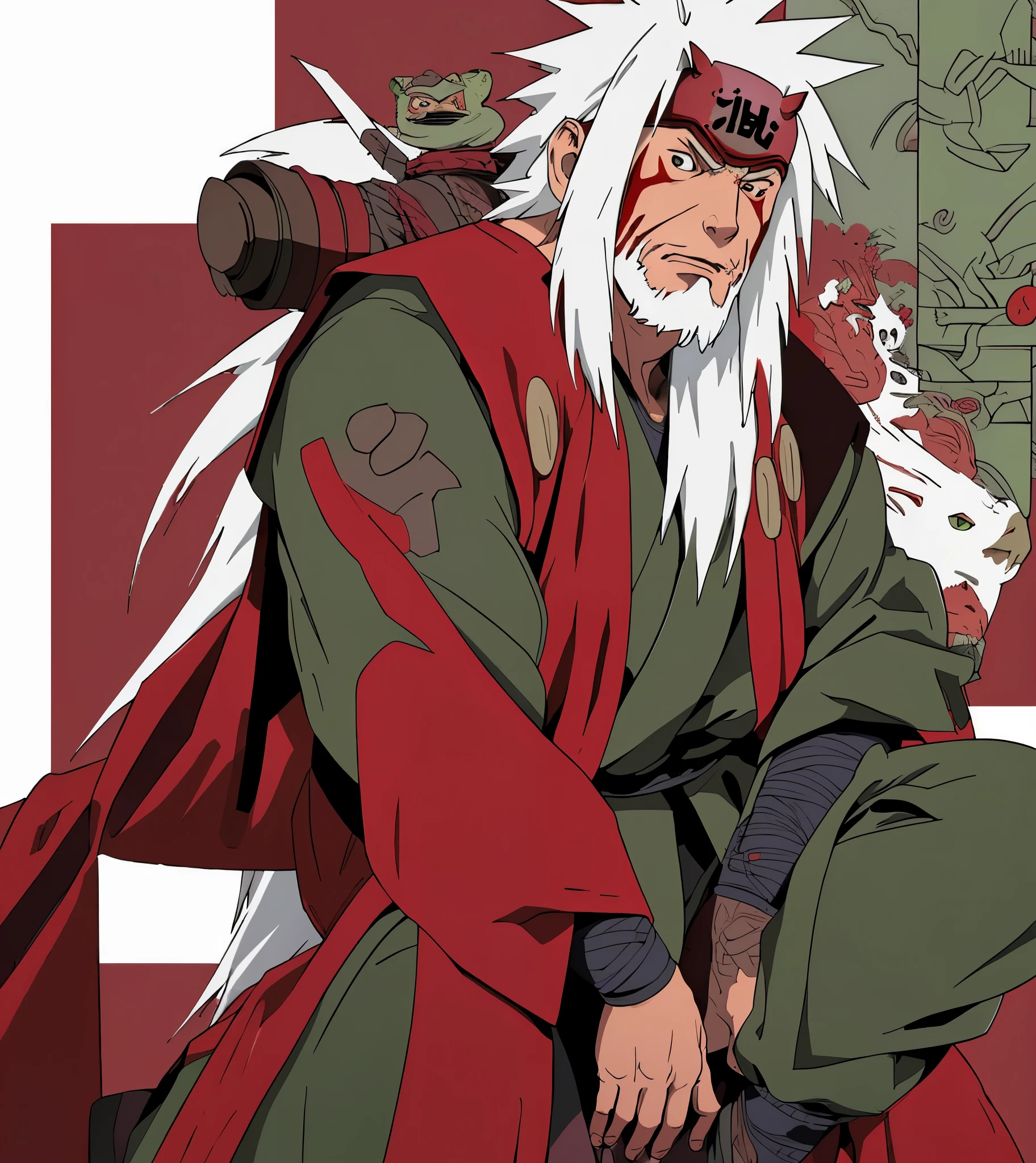 masterpiece, high quality 8k, (((old faced))) male ninja, ((sitting on very big ninja toad)), white beard, white spiky very long hair, red lines on face, sage markings, traditional Japanese clothing, detailed face, serious expression, ninja scroll, toad sage, torn red long ninja coat, (((background is a battleground))), (((whole body)))