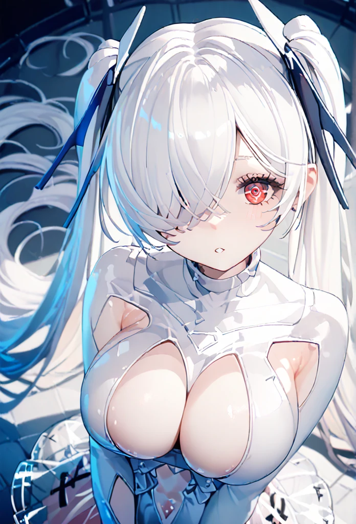 anachirox, twintails,  has big breasts、very long hair, white hair, hair over one eye, red eye 、white bodysuit, see-through skirt, white gloves, white footwear、ringed eyes、Close-up of girl, Top view, eyelashes, hands on chest