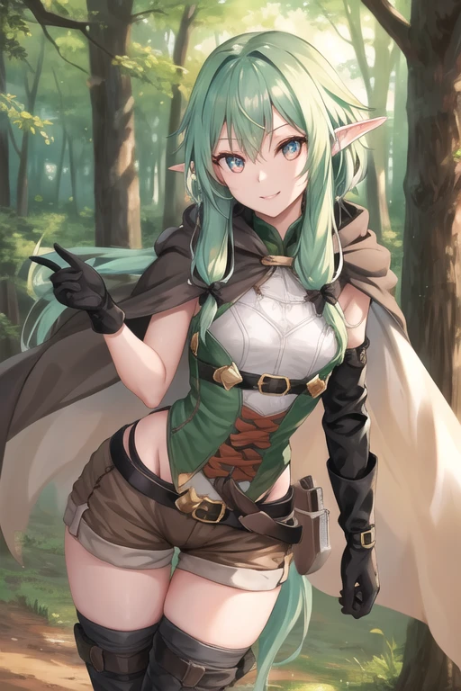 1girl, elf, pointy ears, green hair, long hair, sidelocks, hair bow, green eyes, small breasts, cloak, black gloves, brown shorts, green thighhighs, short shorts, belt,
BREAK standing, 
BREAK smile,
BREAK (cowboy shot:1.1), (from front:1.1), looking at viewer,
BREAK outdoor, forest
BREAK (best quality, masterpiece, detailed:1.1), HD, anime colored, (beautiful detailed eyes:1.4), extremely detailed face, perfect lighting, extremely detailed CG, (perfect hands, perfect anatomy),