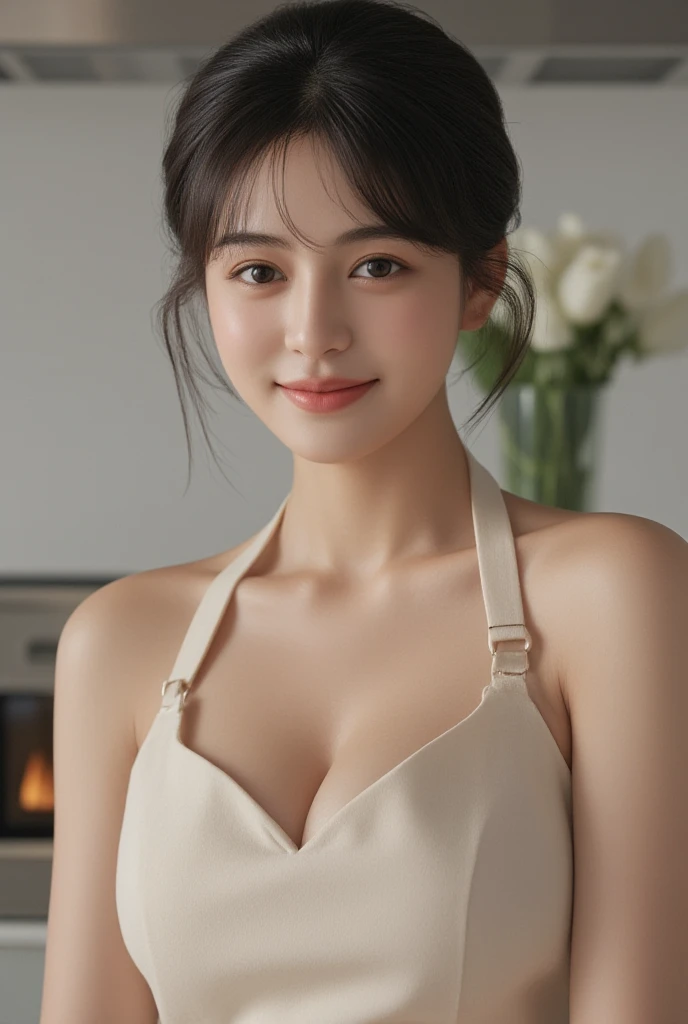 (((realistic))), (((high resolution))).(natural hands),(5 natural fingers), (2 natural hands), A beautiful, cute Korean woman with short, straight black hair stands playfully in a luxurious kitchen. She has a radiant smile and holds her hands gently together behind her back, accentuating her voluptuous figure and large, full breasts. Her eyes are slightly closed, exuding a sweet, teasing charm, while a natural blush adds warmth to her expression. She’s wearing a chic, form-fitting nude apron in a random color that contrasts elegantly with her fair skin, and the delicate apron straps frame her neck and shoulders.
The kitchen setting is sophisticated, with high-end stainless steel appliances, glossy marble countertops, and warm, ambient lighting reflecting off sleek cabinetry. Soft shadows add depth, while light from a large window brings out every detail, making the scene feel intimate and inviting. Every detail of her features, from her bright, sparkling eyes to the subtle curve of her lips, is captured with ultra-realistic, high-resolution clarity, making the image incredibly lifelike.
Both her hands are naturally positioned, with clearly defined fingers and lifelike details, ensuring an authentic appearance as she poses with a soft, affectionate gaze, inviting the viewer into this luxurious and intimate kitchen scene.