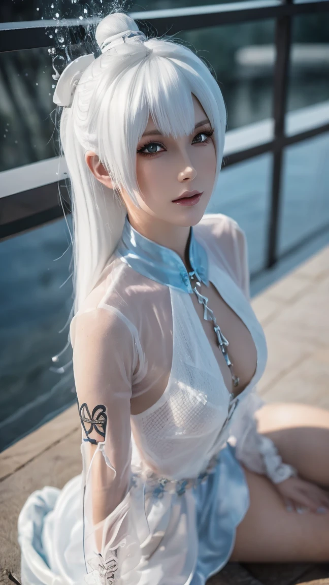 a close up of a woman with a tattoo on her arm, tifa lockhart with white hair, detailed white long hair, girl with white hair, deviantart artstation cgscosiety, realistic anime 3 d style, anime styled 3d, inspired by Ma Yuanyu, white long straight hair, for some, kneeling,soaked