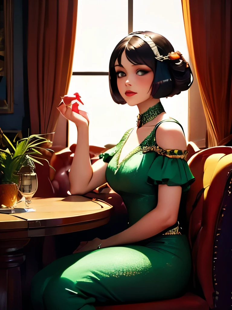 araffe woman in a flapper dress sitting at a table, a colorized photo inspired by John Collier, shutterstock, renaissance, 1920s vibes, wearing 1 9 2 0 s cloth hair, wearing 1 9 2 0 s fashion, 1 9 2 0 s cloth style, 1 9 2 0 s hairstyle