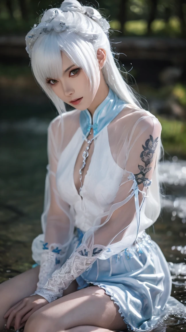 a close up of a woman with a tattoo on her arm, tifa lockhart with white hair, detailed white long hair, silver hair,girl with white hair, deviantart artstation cgscosiety, realistic anime 3 d style, anime styled 3d, inspired by Ma Yuanyu, white long straight hair, for some, kneeling,soaked