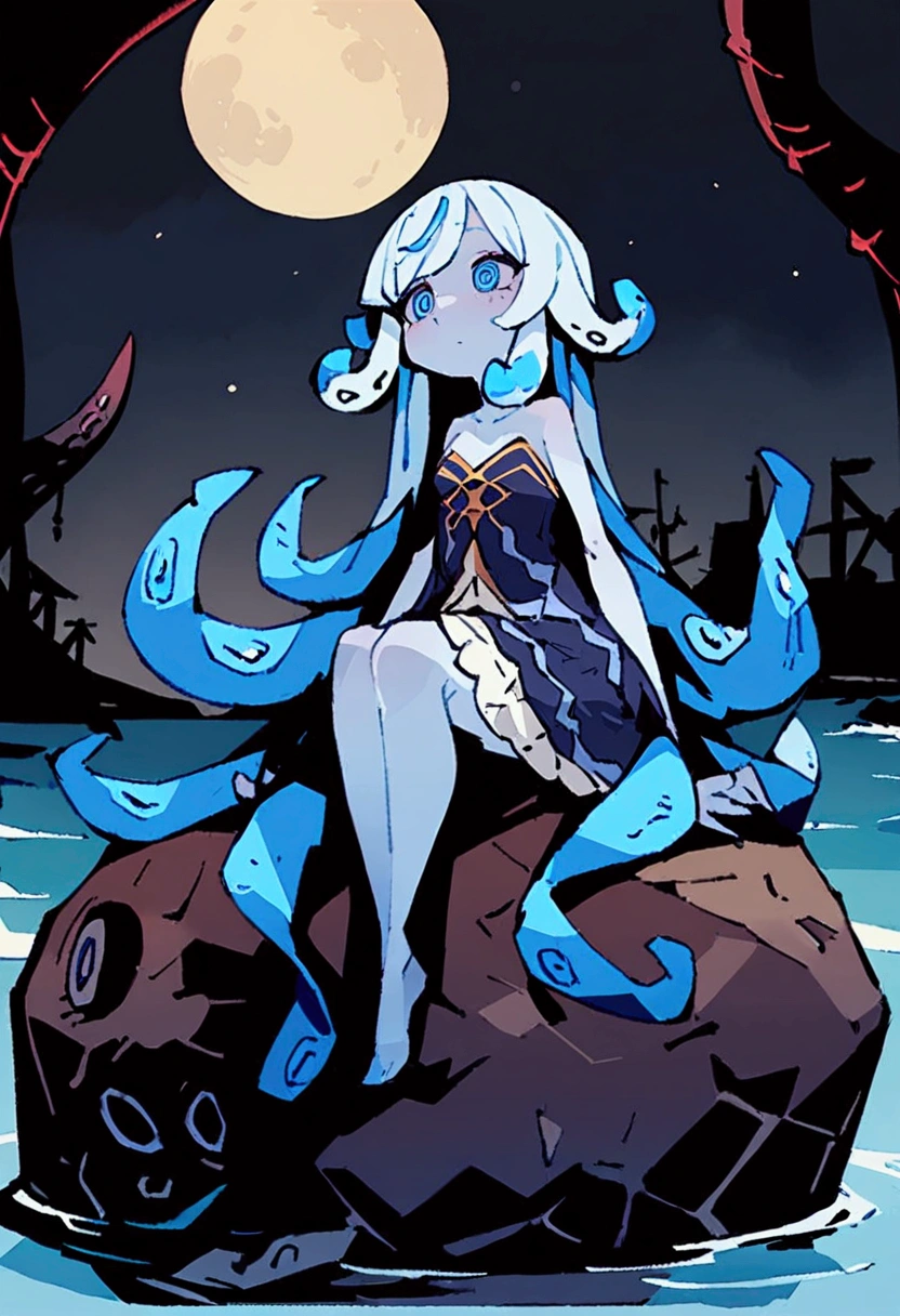 超 Details、 best quality、masterpiece、 cartoon style、 Details、 best quality、masterpiece、Scyllé's Girl 、Seaside、night、full moon、Octopus tentacles、a girl、Tentacle Hair、 light blue skin、Light blue hair、solo、dress、spiral eyes、 sitting on a rock