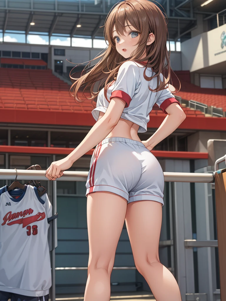  1 girl、Gym clothes、Stadium、  SHOT FROM BEHIND 、Bloomers、 spread his legs、Wendy、Rotate、（ LEGS）、(  small breasts)、（ small breasts）、 (Best Quality: 1.1)、(High definition skin), (  ultra high resolution :1.0) ,( realistic pictures:1.0), (Super detailed:1.0), (8k,  RAW Photos:1.1)