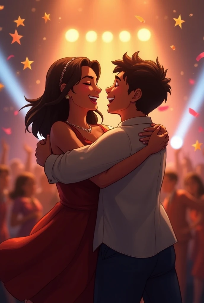 Hdr, masterpiece,4K, ray tracing, best quality, 1boy, 1girl, steven quartz universe, connie maheswaran, face to face,enamored couple, passionate sensuality, nightclub background, erotic dancing, couple focused, couple dancing together, highly-detailed animation, beautiful aesthetic, detailed smooth textures, motion lines, incredible absurdres, sharp gradients, deep highlights, unreal engine, incredibly detailed, dynamic lighting, carnality,
dynamic perspective, dynamism, brilliant shading, sensual shadowing, sensuous atmosphere, intricate fabric details, amazing skin, perfect hands, perfect, perfect eyes, steven quartz universe, age 23, fat man, handsome, wavy black hair, strongman waist, deep brown eyes, round face, urban masculine rave outfit, connie maheswaran, age 22, salacious rave girl, blue fire decal urban rave minidress, perfect square physique, beautiful detailed black eyes, flowing, shining, wavy black hair, toned, wide hips, firm chest, hypnotic hips, salaciously smiling, looking over shoulder