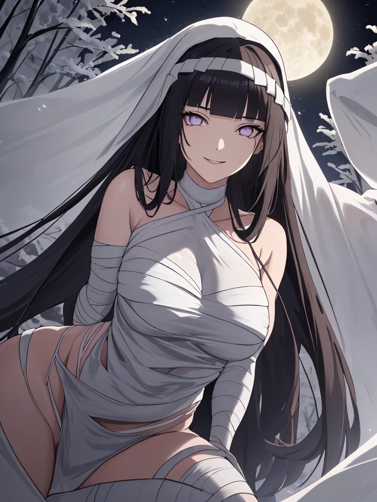 (Highest quality), (masterpiece),Black Hair, Purple Eyes, Purple kimono, Exposing shoulders, ,Fair skin, Long Hair, Long Bangs, Small breasts, Confused eyes, snow, sexy, Cemetery, Cross Grave, jitome, evil grin, indian style, half closed eyes, Off Shoulder, ass pov, pale skin, flat chest, wavy hair