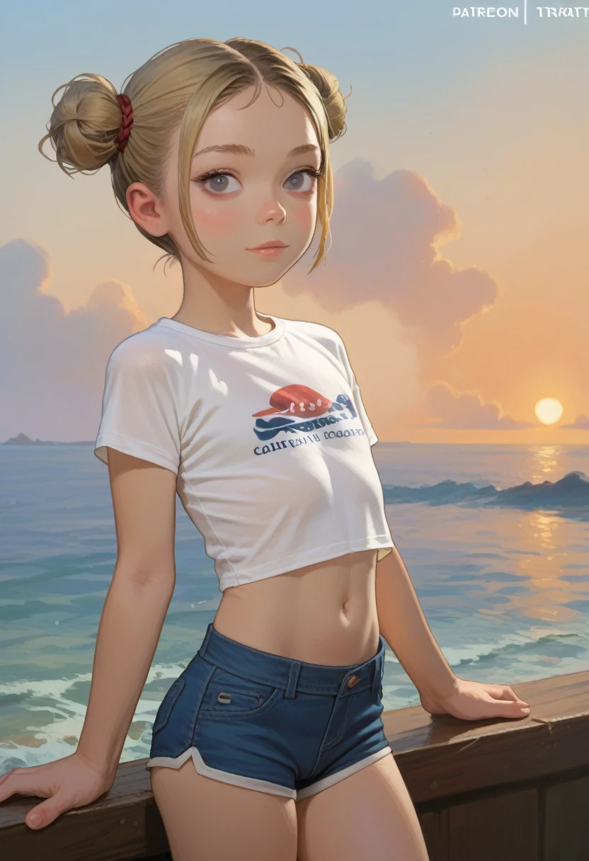 score_9, score_8_up, score_7_up, sfw, anatomically correct , portrait,
 1girl, (slim body:1.1),(( flat chest :1.2)),short blonde hair with 2 buns,  tight white short sleeve t-shirt with printed logo, low cut shorts, smoky eyes, ocean view,
