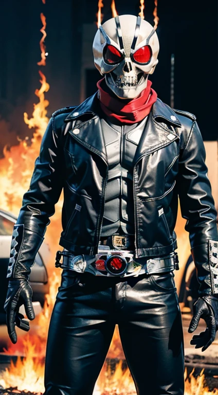 ((solo, kamen rider, shinkr, ghostrider, wearing leather jacket, leather pants, head painted like a skull skeleton)), (((burning head))), skull mask, (standing), full body detailed, detailed hands, good fingers, good hands, good legs, red scarf, low hood, ((epic burning city)), ruins, floating, explosion, debris, some fire and glitter background, ultra hd, ultra realistic texture, (flare lens:1.2), (long shot:0.9)